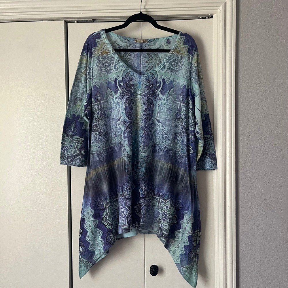 Emerge World‎ Wear Women's 3X Tunic Top Paisley Print Rhinestone Blue